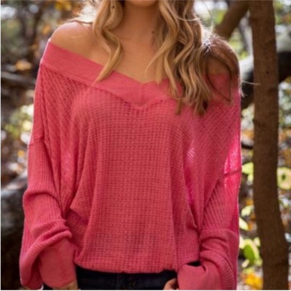 Free People Southside Waffle Knit Dolman Sweater Salmon Pink S EUC